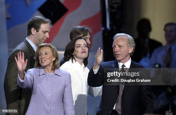 Hadassah Lieberman and Joseph Lieberman, D-CT., wave to the crowd after his acceptance of the vise presidential nomonation at the democratic national...