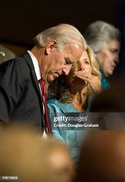 Vice President nominee Senator Joseph Biden, D-De., gets a secret delivered from his wife Jill during the during the Democratic National Convention...