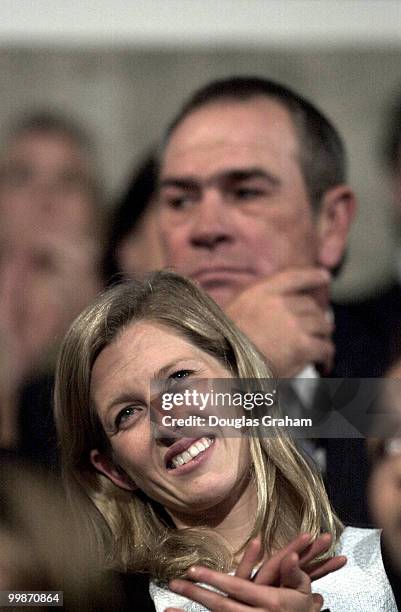 Karenna Gore and Tommy Lee Jones listen to Al Gore's speech at the democratic national convention in Los Angeles, Ca.