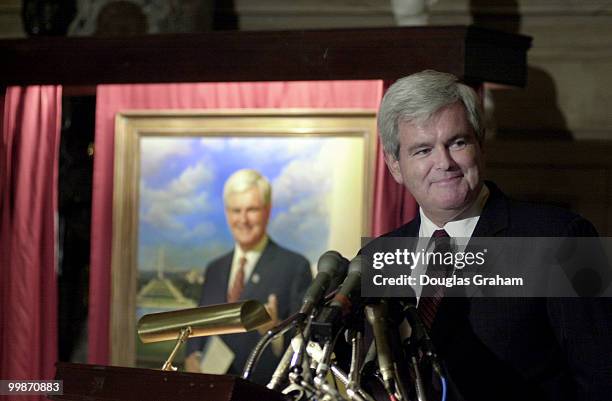 Former Speaker of the House Newt Gingrich, R-Ga., speaks during the ceremony to unveil his portrait in Statuary Hall.