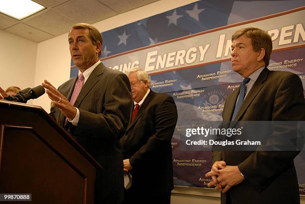 Adam Putnam, R-Fl., House Whip John Boehner, R-OH., Speaker of the House Dennis Hastert, R-IL,. And Roy Blunt, R-MO., during a news conference on...