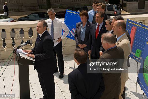 Rep. Paul Hodes, D-N.H., Rahm Emanuel, D-IL., and other freshman Democrats during a news conference to respond to President George Bush on off-shore...