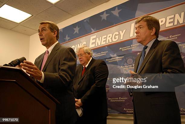 Adam Putnam, R-Fl., House Whip John Boehner, R-OH., Speaker of the House Dennis Hastert, R-IL,. And Roy Blunt, R-MO., during a news conference on...