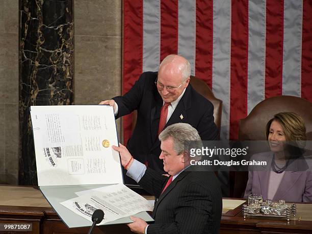 The 111th Congress convened for a joint session to count the electoral ballots on January 8, 2009. Here Vice President Richard Cheney hands the Ohio...