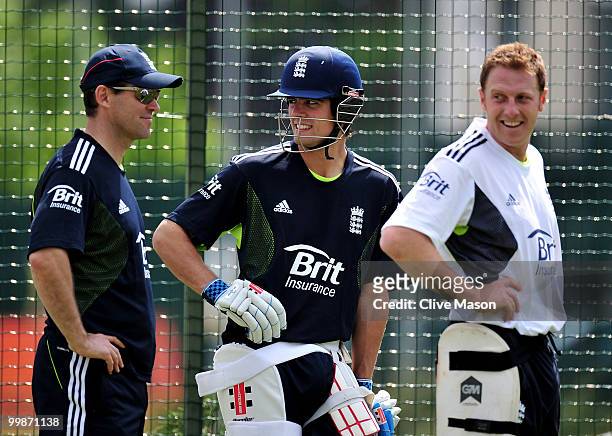 Alastair Cook and Steve Kirby of England Lions take a break during a net session at The County Ground on May 18, 2010 in Derby, England.
