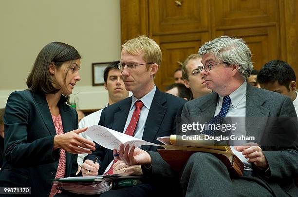 Walter Lukken, acting chairman and commissioner of the U.S. Commodity Futures Trading Commission confers with his staff during the oversight and...