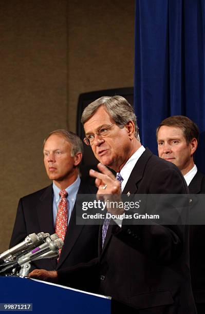 Don Nickles, R-OK., Trent Lott, R-Miss., and Bill Frist, R-TN., talk to reporters about Miguel Estrada dropping his name for the nomination list to...