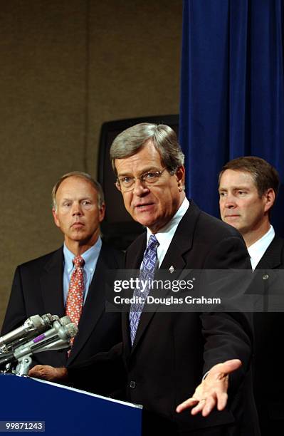 Don Nickles, R-OK., Trent Lott, R-Miss., and Bill Frist, R-TN., talk to reporters about Miguel Estrada dropping his name for the nomination list to...