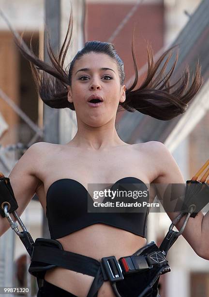 Model wearing the bra 'Perfect Strapless, designed by Wonderbra, jump on a trampoline to test the effectiveness of the new item of clothing at El...