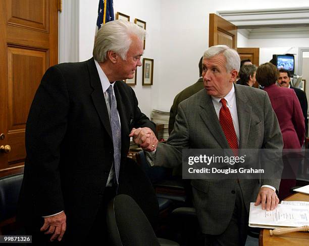 Young, R-FL., and Frank R. Wolf, R-VA., before the start of the Commerce, Justice, State and the Judiciary Subcommittee hearing on FY2004...