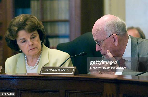 Chairman Dianne Feinstein, D-CA. And Robert Bennett, R-UT., during his opening statement at the full committee markup to vote on the nominations of...