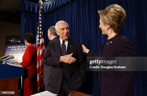 Frank Lautenberg, D-N.J., gets a welcome back from Hillary Clinton, D-N.Y., as Barbara Boxer, D-Calif., and James Jeffords, I-Vt. Talk with the press...