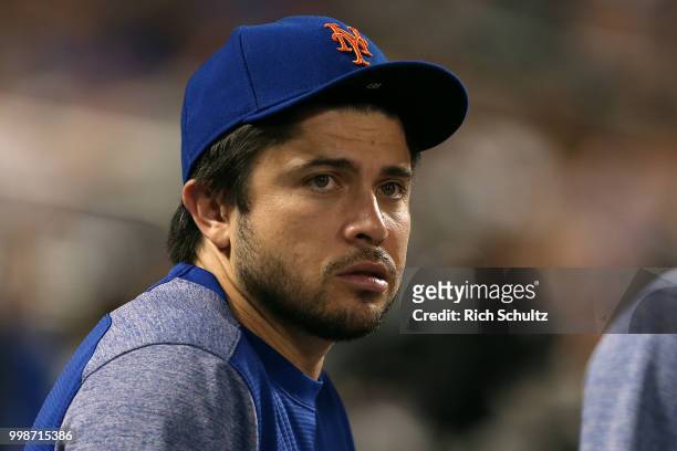 Travis d'Arnaud of the New York Mets in action against the Philadelphia Phillies during a game at Citi Field on July 11, 2018 in the Flushing...