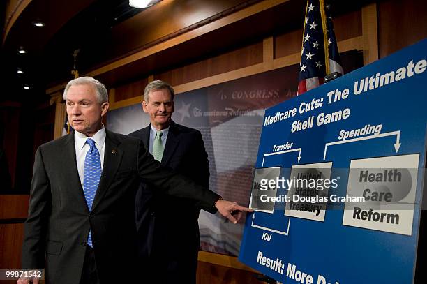 Jeff Sessions, R-Ala., and Judd Gregg, R-NH., during a news conference on the budgetary impact of health care reform legislation in the Senate TV...