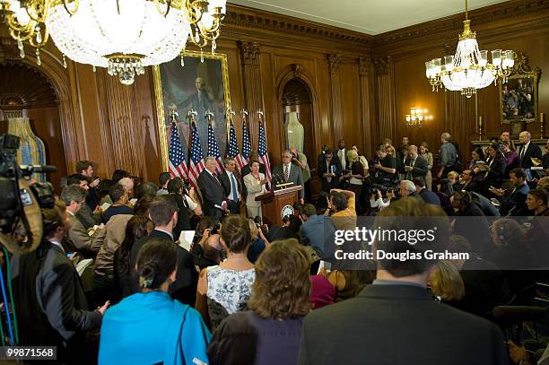 Speaker of the House Nancy Pelosi, D-CA., Democratic Conference Chair Rahm Emanuel, D-Ill., Majority Leader Steny Hoyer, D-MD., and others talk with...