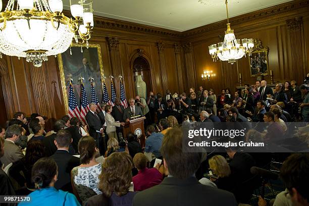 Speaker of the House Nancy Pelosi, D-CA., Democratic Conference Chair Rahm Emanuel, D-Ill., Majority Leader Steny Hoyer, D-MD., and others talk with...