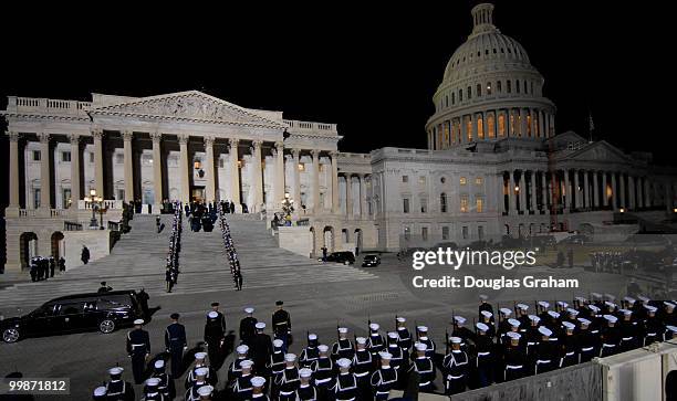 Military personal line the East front of the House side of the U.S. Capitol before the remains of former U.S. President Gerald R. Ford arrived for a...