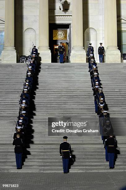 Military personal line the East front of the House side of the U.S. Capitol before the remains of former U.S. President Gerald R. Ford arrived for a...