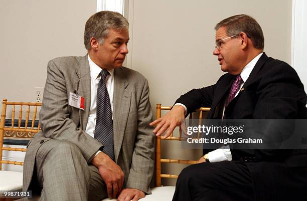 Mike Michaud, D-MA., and Robert Menendez, D-CA., talk during a breakfast hosted by Rep. Menendez the vice Chairman of the Democratic Caucus for...