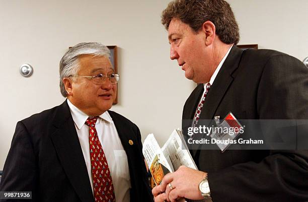 Mike Honda, D-CA., talks with Mike Feeley, D-CO., talk during a breakfast hosted by Rep. Menendez the vice Chairman of the Democratic Caucus for...