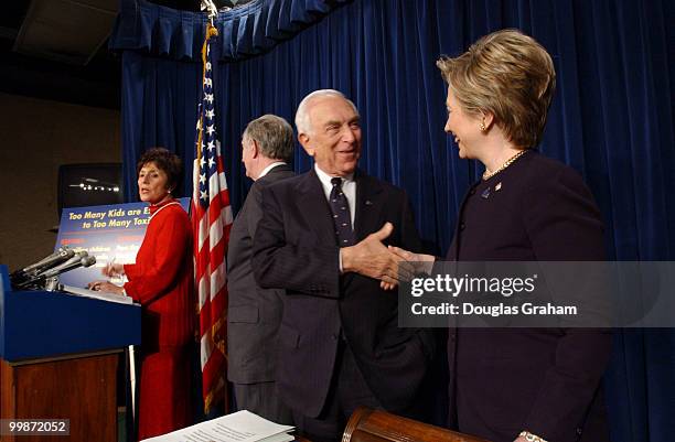 Frank Lautenberg, D-N.J., gets a welcome back from Hillary Clinton, D-N.Y., as Barbara Boxer, D-Calif., and James Jeffords, I-Vt. Talk with the press...