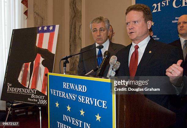 Jim Webb, D-Va.; and Chuck Hagel, R-Neb., during a news conference to discuss the independent budget of leading veterans' organizations, including...