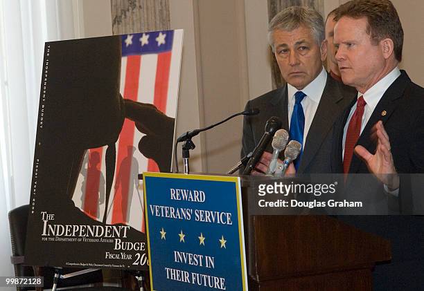 Jim Webb, D-Va.; and Chuck Hagel, R-Neb., during a news conference to discuss the independent budget of leading veterans' organizations, including...