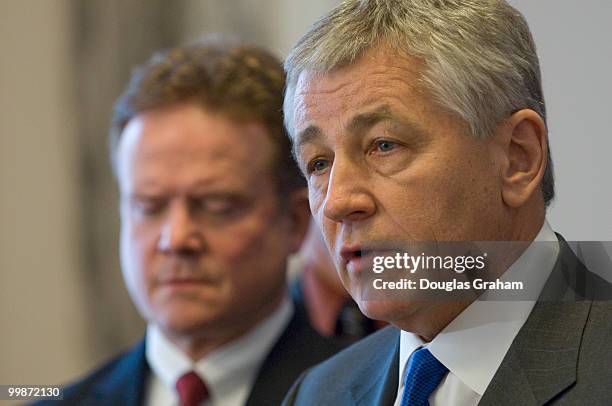 Jim Webb, D-Va.; and Chuck Hagel, R-Neb., during a news conference to discuss the independent budget of leading veterans' organizations, including...