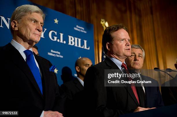 John Warner, R-Va.; Jim Webb, D-Va.; and Chuck Hagel, R-Neb.; during a news conference to discuss efforts to pass a GI Bill for post 9/11 veterans on...