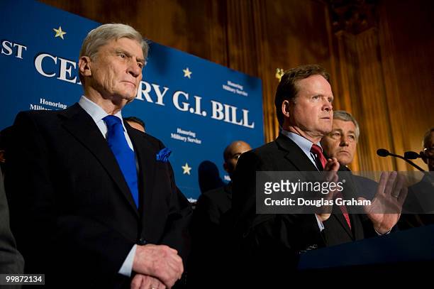 John Warner, R-Va.; Jim Webb, D-Va.; and Chuck Hagel, R-Neb.; during a news conference to discuss efforts to pass a GI Bill for post 9/11 veterans on...