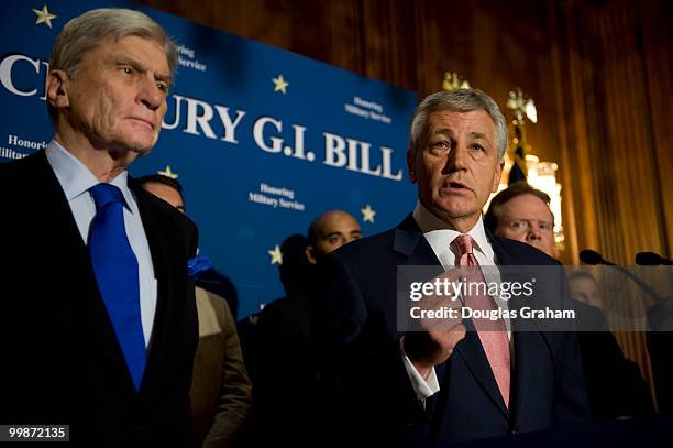 John Warner, R-Va.; Jim Webb, D-Va.; and Chuck Hagel, R-Neb.; during a news conference to discuss efforts to pass a GI Bill for post 9/11 veterans on...