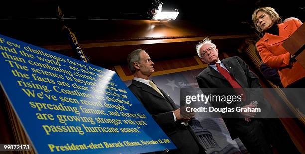 Thomas Carper, D-DE., Bernard Sanders, I-VT., and Chairwoman Barbara Boxer, D-Calif., during a news conference in the U.S. Capitol to make a major...