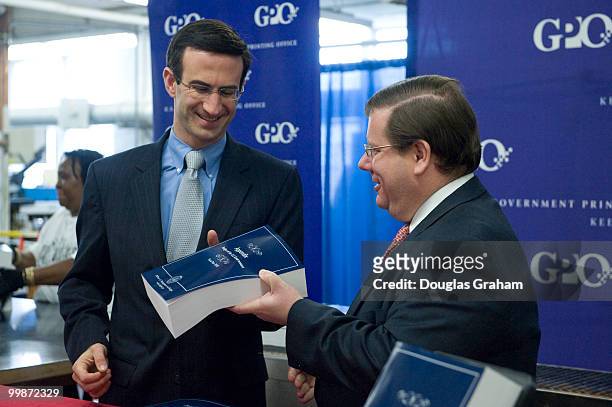 Office of Management and Budget Director Peter Orszag and Public Printer of the United States Bob Tapella inspect the production run at GPO's plant...