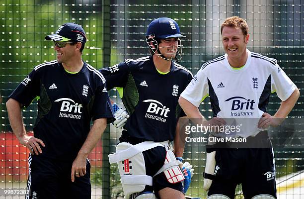 Alastair Cook and Steve Kirby of England Lions take a break during a net session at The County Ground on May 18, 2010 in Derby, England.