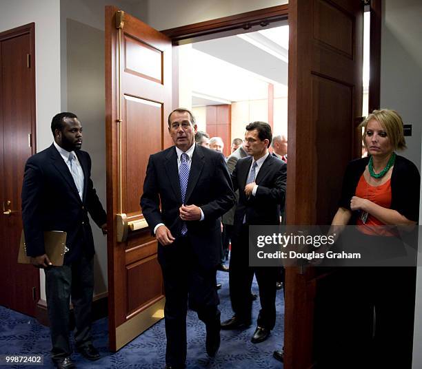 House Republican Leader John Boehner, R-OH. And House Republican Whip Eric Cantor, R-VA., leave the House Republican Conference in the CVC basement...