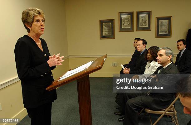 Sarah Brady, chairman BCPGV, talks with Sen. Jack Reed, D-R.I., before the start of the news conference to oppose legal immunity for the gun...