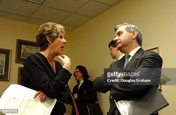 Sarah Brady, chairman BCPGV, talks with Sen. Jack Reed, D-R.I., before the start of the news conference to oppose legal immunity for the gun...
