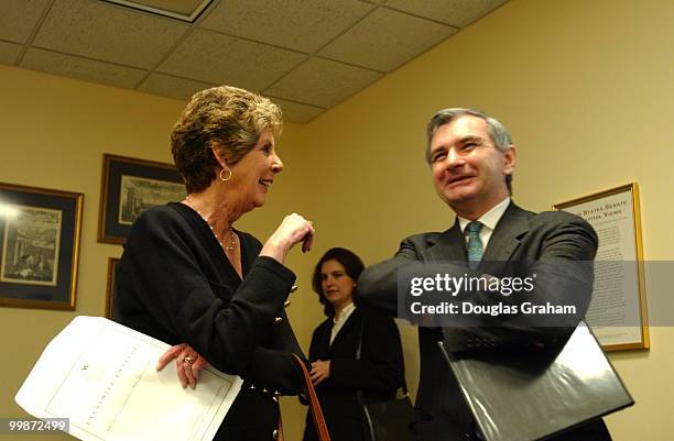 Sarah Brady, chairman BCPGV, talks with Sen. Jack Reed, D-R.I., before the start of the news conference to oppose legal immunity for the gun...