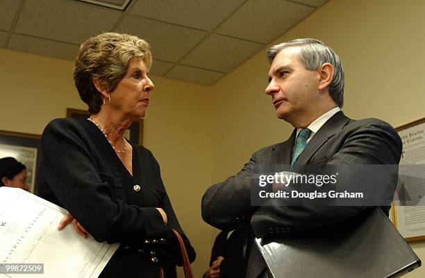 Sarah Brady, chairman BCPGV, talks with Sen. Jack Reed, D-R.I., before the start of the news conference to oppose legal immunity for the gun...