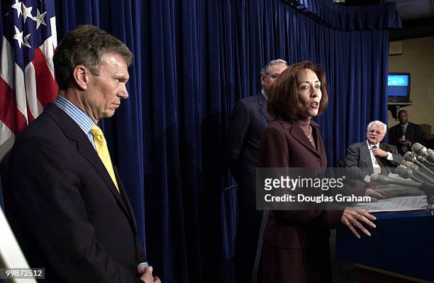 Tom Daschle, D-SD, Maria Cantwell, D-WA., Tom Harkin, D-IA., and Edward Kennedy, D-Mass, during a press conference on the economy and gun liability.