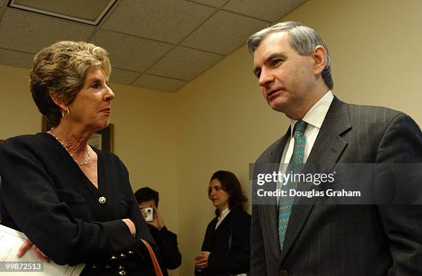 Sarah Brady, chairman BCPGV, talks with Sen. Jack Reed, D-R.I., before the start of the news conference to oppose legal immunity for the gun...