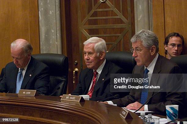 Chairman Joseph Biden, D-DE., Richard Lugar, R-IN., and Chuck Hagel, R-NE., during the Climate Change National Security Threats full committee...