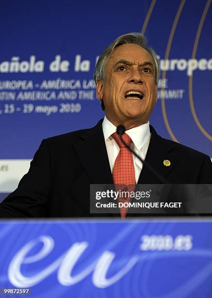 Chile's President Sebastian Pinera gives a press conference during the Sixth Summit of Heads of State and Government of the European Union-Latin...