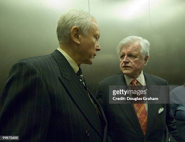 Senate Health, Education, Labor and Pensions Chairman Edward Kennedy, D-Mass. And Sen. Orrin Hatch, R-Utah; talk in the elevator after addressing the...