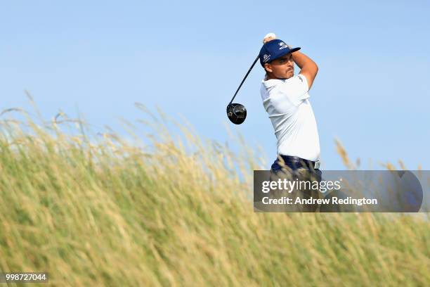 Rickie Fowler of USA takes his tee shot on hole eleven during day three of the Aberdeen Standard Investments Scottish Open at Gullane Golf Course on...