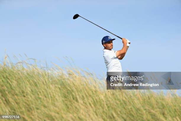Rickie Fowler of USA takes his tee shot on hole eleven during day three of the Aberdeen Standard Investments Scottish Open at Gullane Golf Course on...