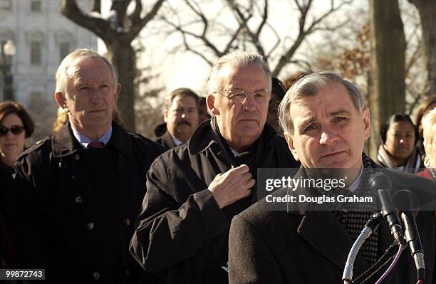 Jim Jeffords, Paul Sarbanes and Jack Reed during a press conference on Low Income Home Energy Assistance Program.