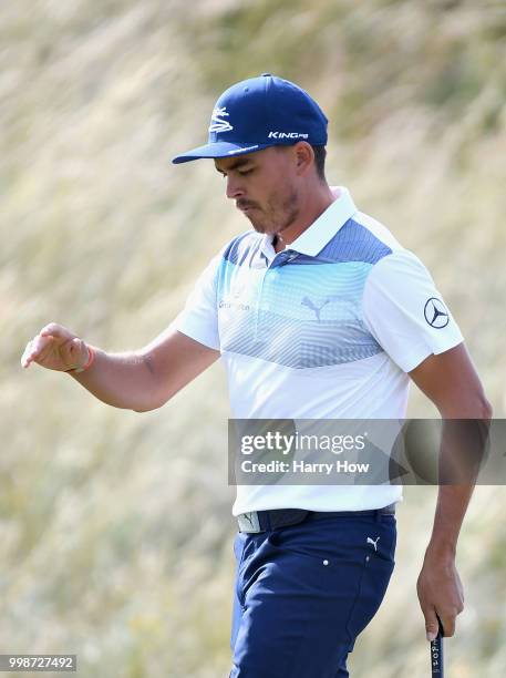 Rickie Fowler of USA reacts to his birdie putt on hole eleven during day three of the Aberdeen Standard Investments Scottish Open at Gullane Golf...