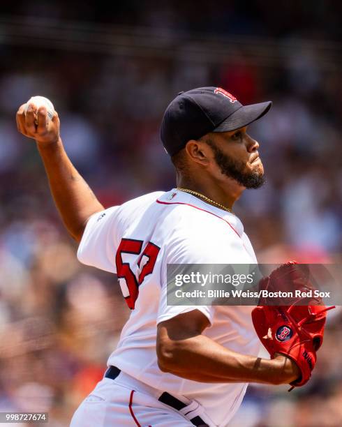 Eduardo Rodriguez of the Boston Red Sox delivers during the first inning of a game against the Toronto Blue Jays on July 14, 2018 at Fenway Park in...
