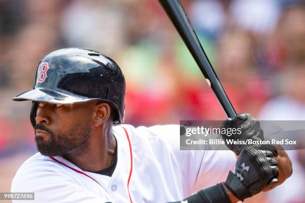 Jackie Bradley Jr. #19 of the Boston Red Sox bats during the first inning of a game against the Toronto Blue Jays on July 14, 2018 at Fenway Park in...